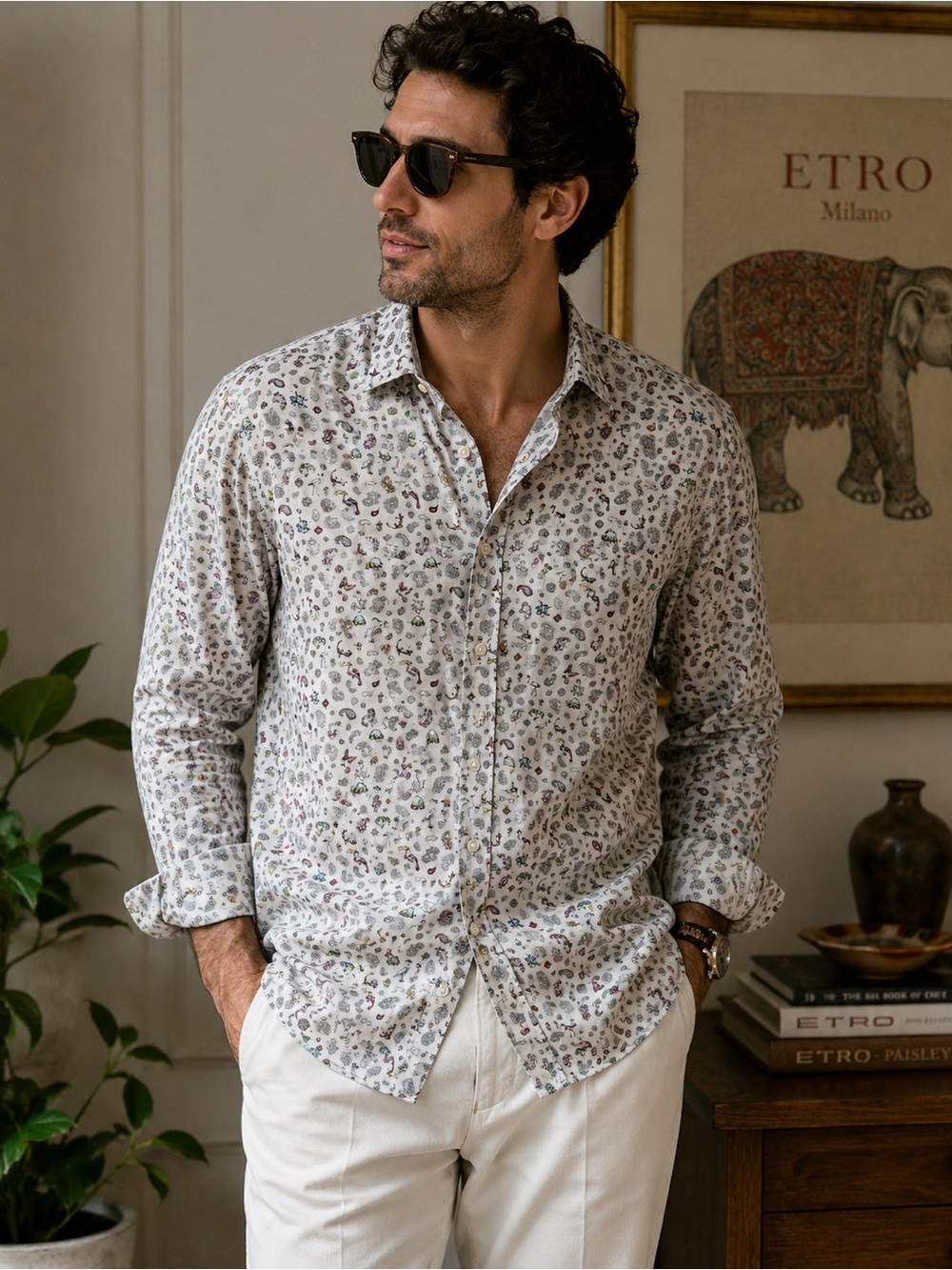 Etro White Paisley-Print Long-Sleeve Casual Button-Down Shirt